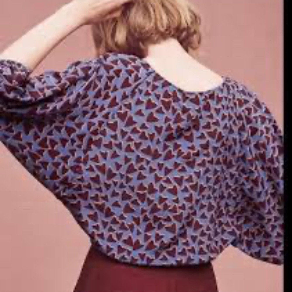 Anthropologie Maeve Heart Print Purple Silk‎ Pattern Blouse Size XS